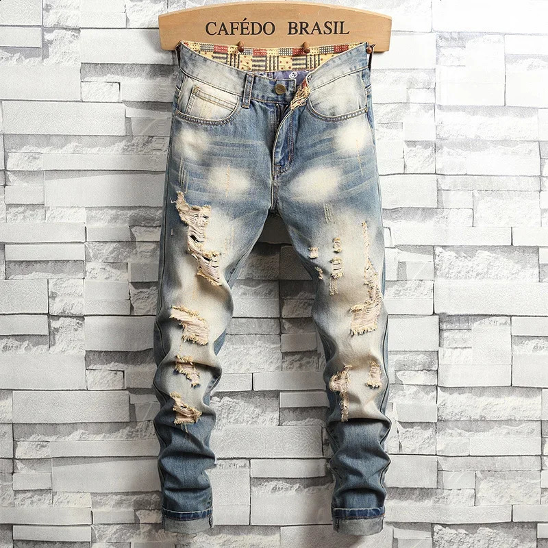 Retro Distressed Tear Ultra Thin Jeans Suitable for Mens Street Hip Hop Stretch Straight Fashion Motorcycle Denim Trouser Men 240816