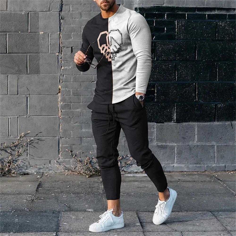Autumn retro ethnic style 3D printed mens sportswear set long sleeved T-shirt pants 2-piece set oversized floral mens clothing 240827
