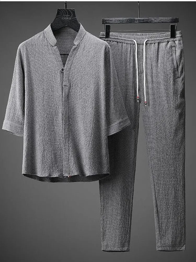 Summer Solid Color Cotton Linen Set for Mens Casual Relaxing Comfortable Breathable Large Size Two piece M4XL 240816
