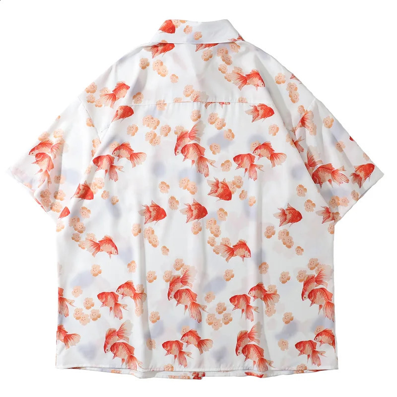 Goldfish Print Short Sleeve Loose Shirt Men Summer Y2K Streetwear Oversized Hawaiian Shirt Harajuku Casual Women Aloha Blouse 240816