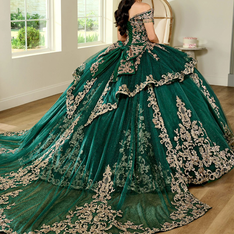 Green Emerald Shiny Princess Ball Gown Quinceanera Dresses Mexico Gold Appliques Lace Beads Birthday Party For Th Girls D
