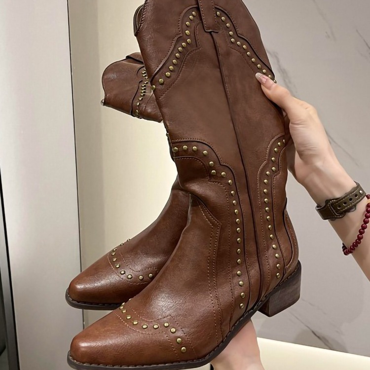 Women's V-neck knight boots studded pointed Martin boots long boots
