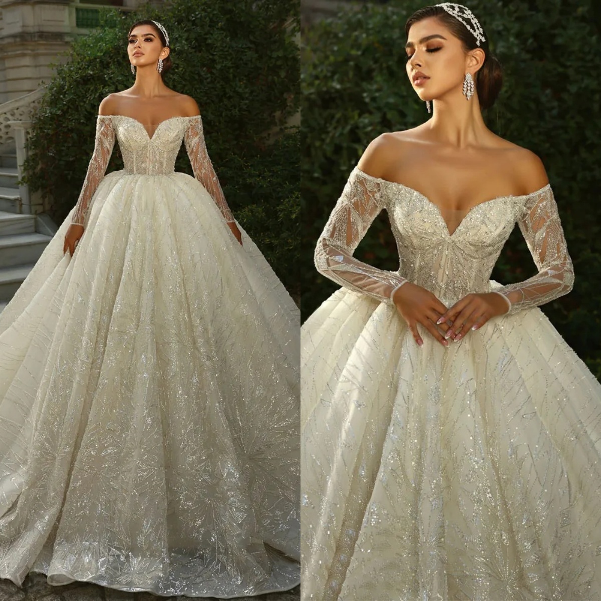 Glamorous Wedding Ball Gowns Sequins Beading Lace Bridal Dress Off Shoulder Long Sleeves Custom Made Sweep Train Vestido de novia Plus Size