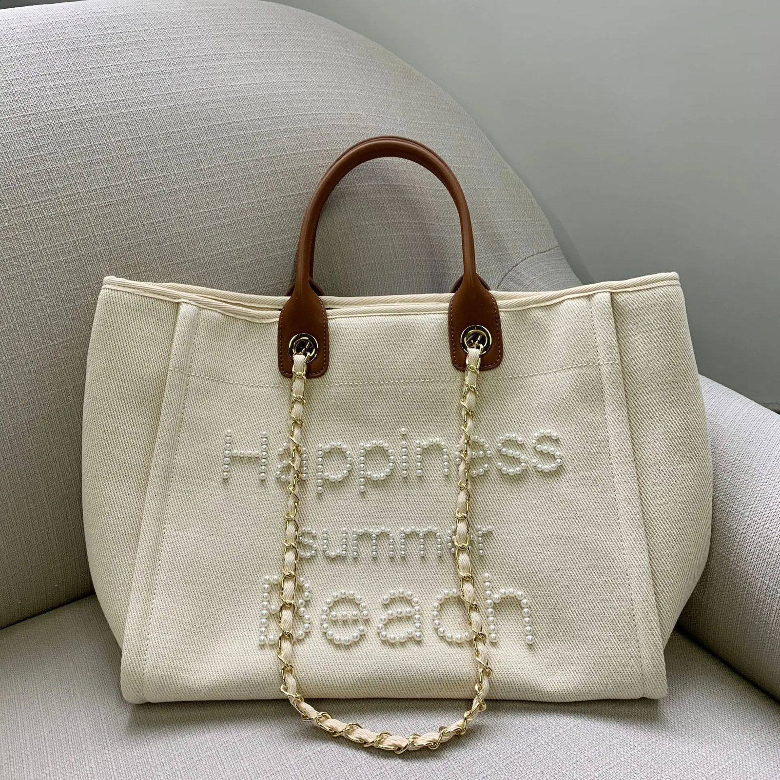Women Tote Bag Fashion Canvas Large Handbag Chains Genuine Leather Shoulder Bags Ladies Big Messenger Bag Shopping Bag 240816