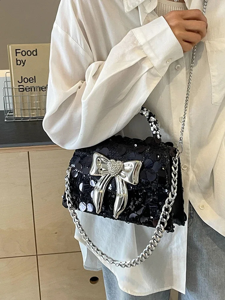 Glitter Shiny Sequins Square Bag Womens Handbag Metal Bow Knot Evening Bag Wedding Party Clutch Purse Crossbody Bag 240816