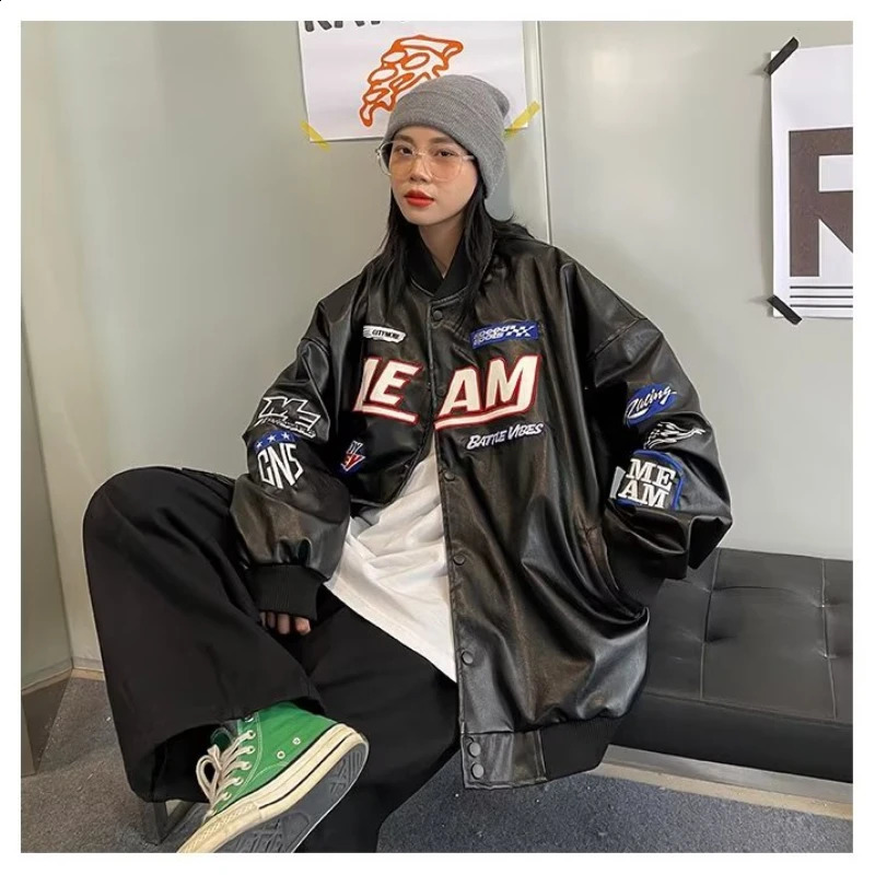 Bomber Leather Jacket Men Women Y2k Vintage Varsity PU Jackets Racing Hip Hop Oversize Letter Baseball Outwear Autumn Street 240809