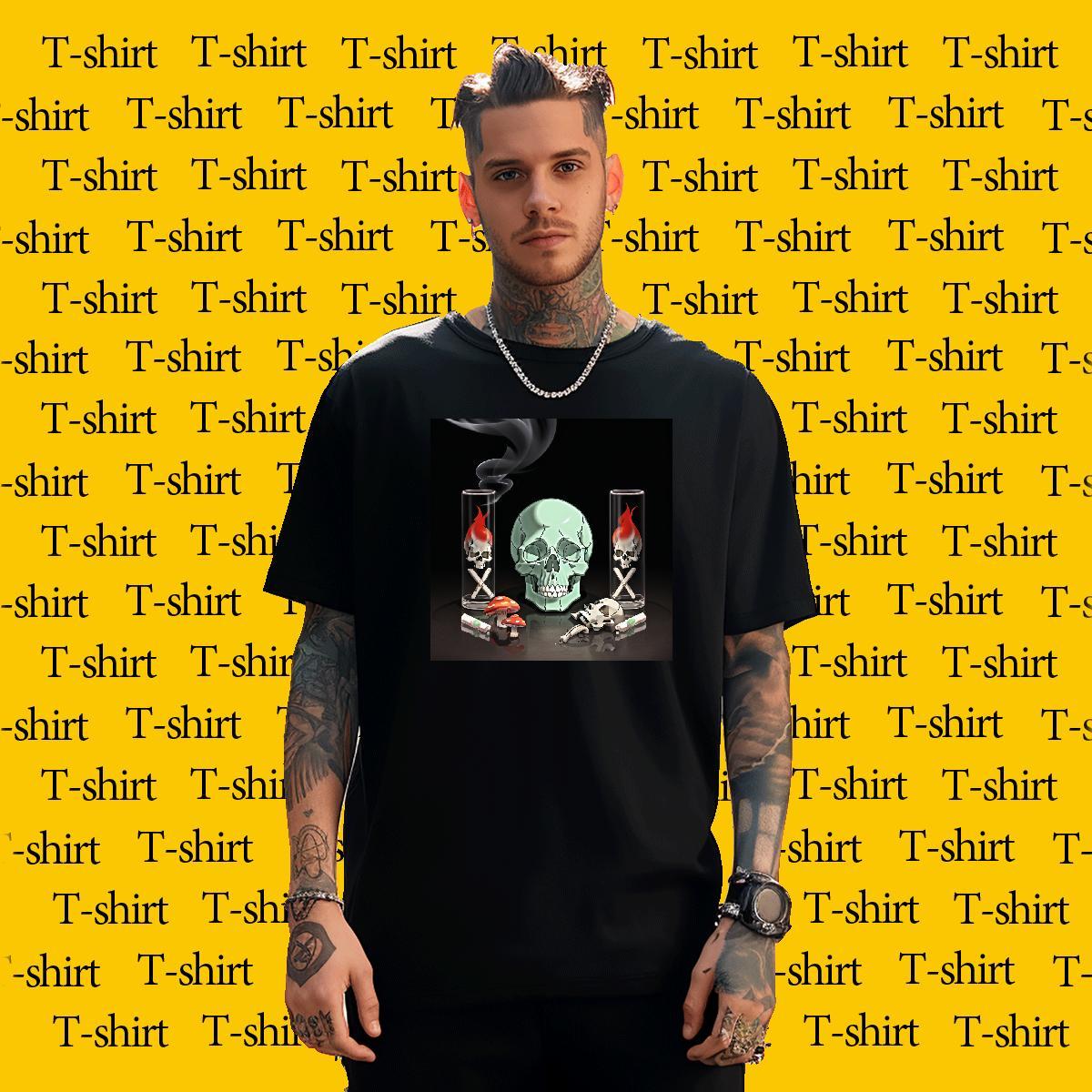 Free Shipping Mens T Shirts 100% Cotton 230g skull Casual Floral Print Pure Cotton Men Tees 2024 Summer Tops Shirt
