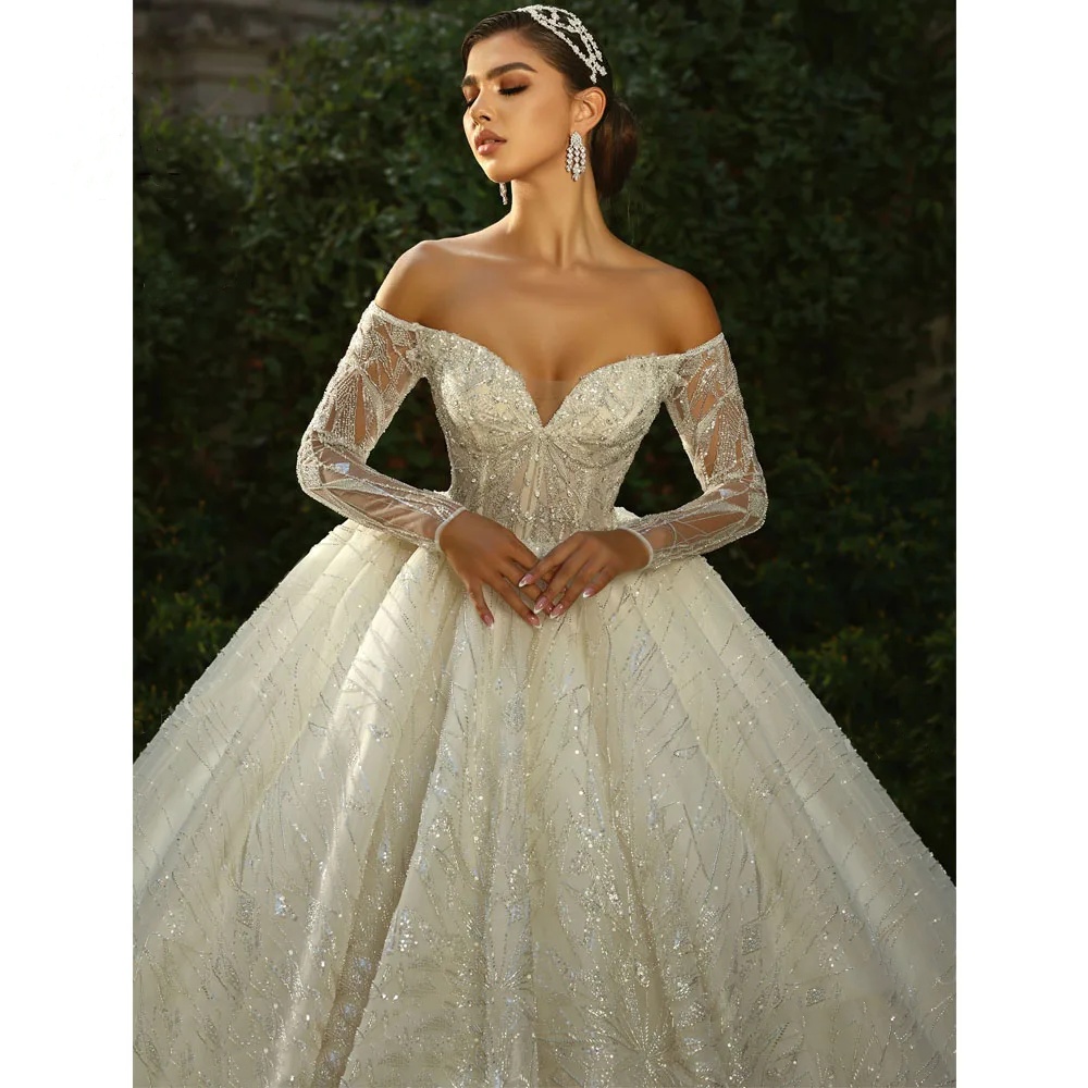 Glamorous Wedding Ball Gowns Sequins Beading Lace Bridal Dress Off Shoulder Long Sleeves Custom Made Sweep Train Vestido de novia Plus Size