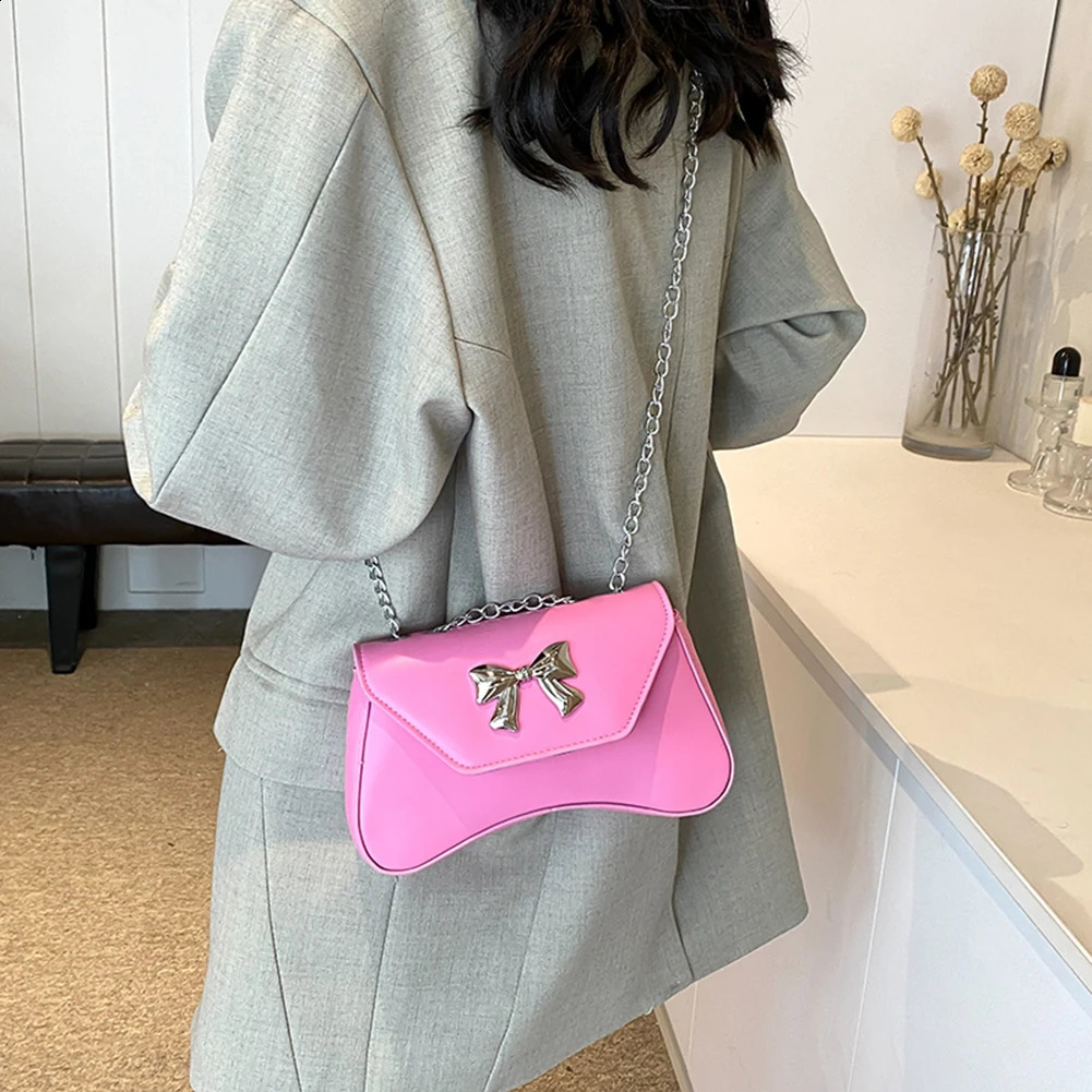 Womens PU Bow Simple Cross Body Bag Large Capacity ner Small Handbag Solid Color Top Chain Strap Fashion Stray 240817
