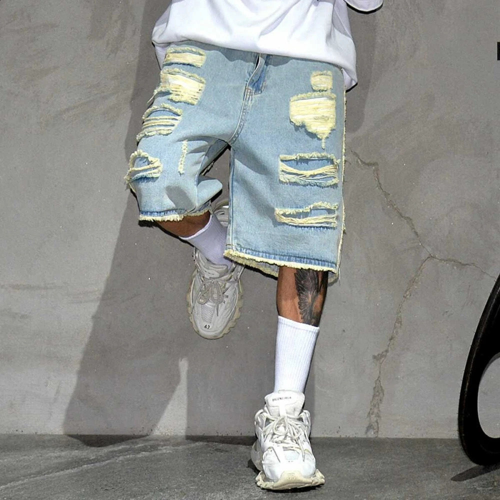 Summer Korean Hip Hop Ripped Denim Shorts Men Clothing Streetwear Jorts Harajuku Casual Baggy Jeans Kpop Blue Cargo Shorts Male 240816