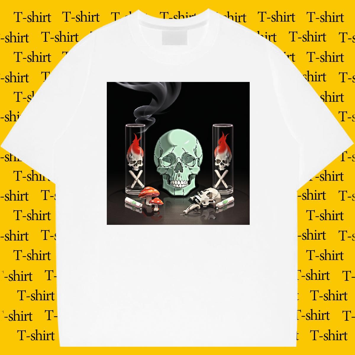 Free Shipping Mens T Shirts 100% Cotton 230g skull Casual Floral Print Pure Cotton Men Tees 2024 Summer Tops Shirt