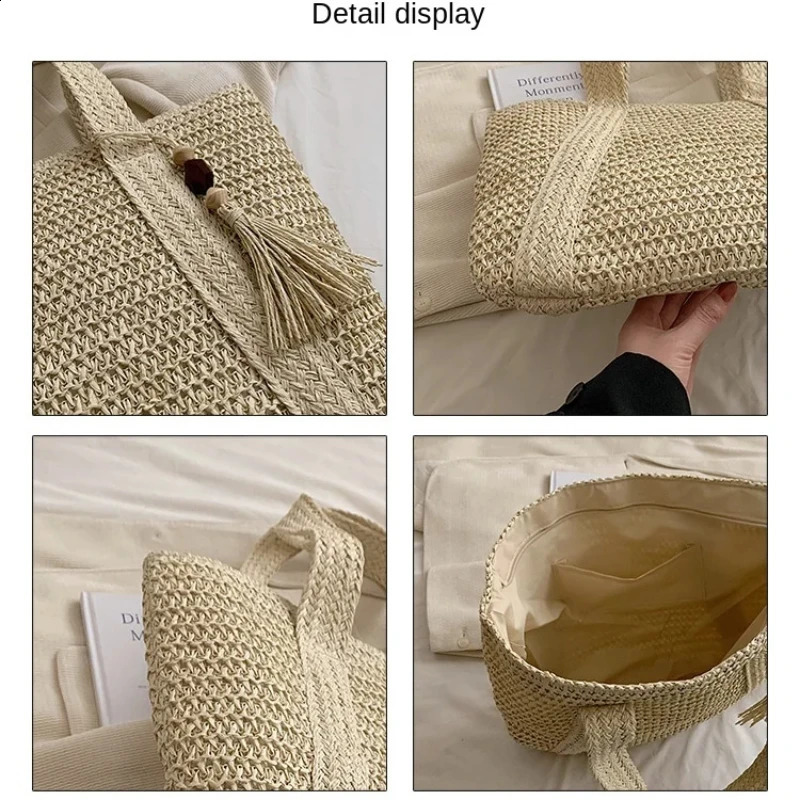 Fashionable large capacity edge pendant handmade straw bag womens holiday beach casual handbag retro shoulder 240817