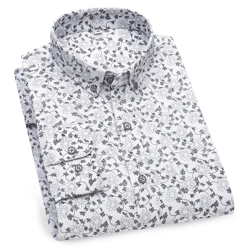 Men 100 Cotton Oxford Long Sleeve Shirts Floral Print Breathable Office Dress Shirt Casual Fashion Standard Workwear Shirts 240816