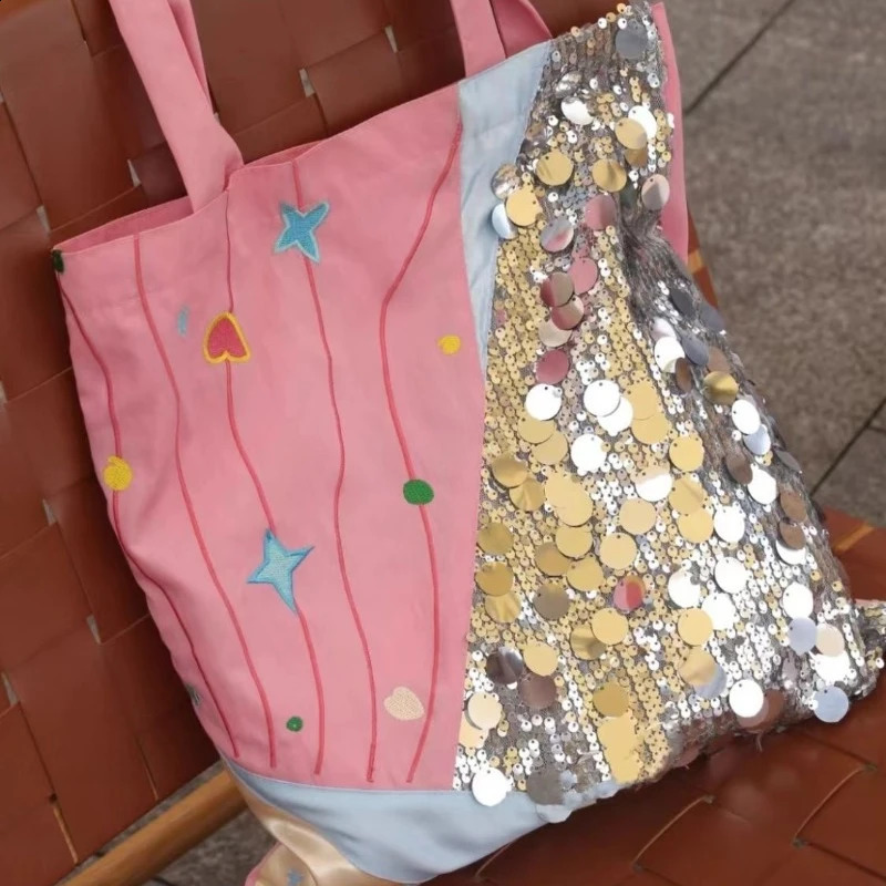 Fashion Chic Star Embroidery Canvas Bags Sequined Patchwork Personality Underarm Bag Harajuku Grunge Y2k Shoulder Handbags Women 240816