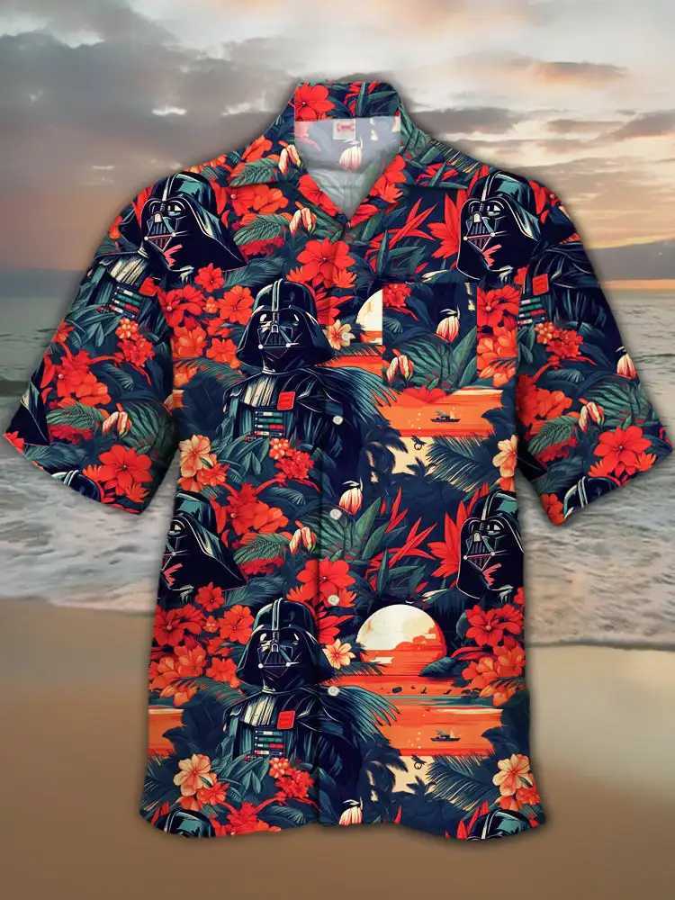2024 Fashion Ukiyo-E Tropical Flower and Sci Fi Space Warrior Printed Flip Collar Hawaiian Short Sleeve Casual ShirtW240726