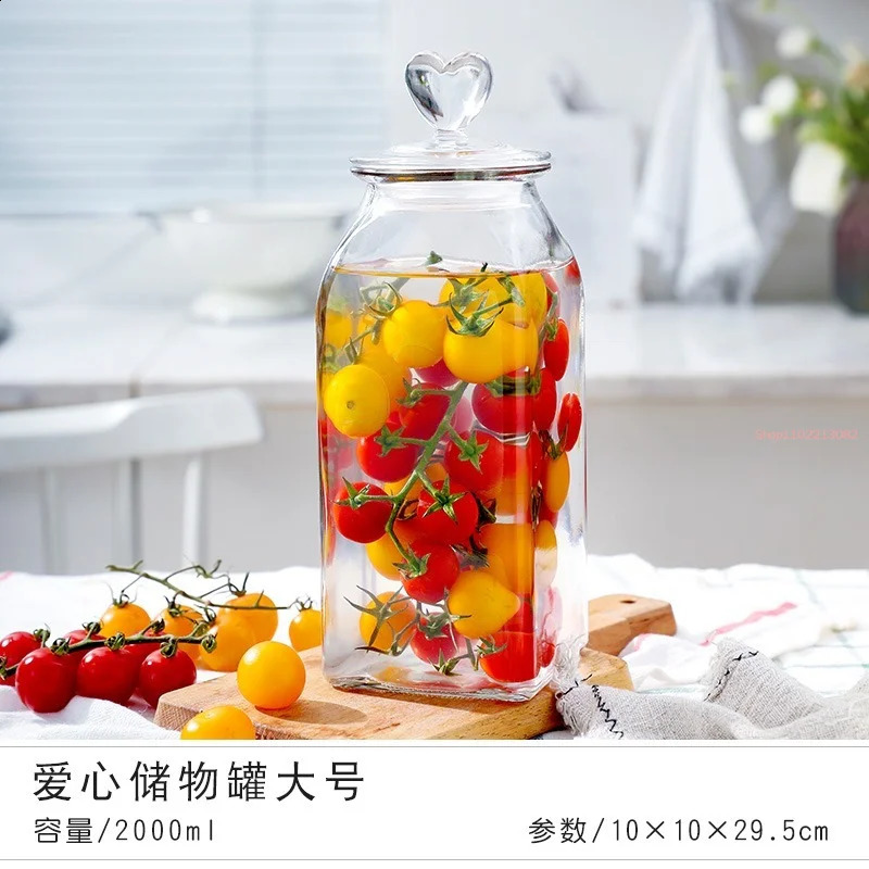 Glass candy jar with heart-shaped lid household kitchen coffee storage jar dried fruit food storage jar kitchen supplies 240816