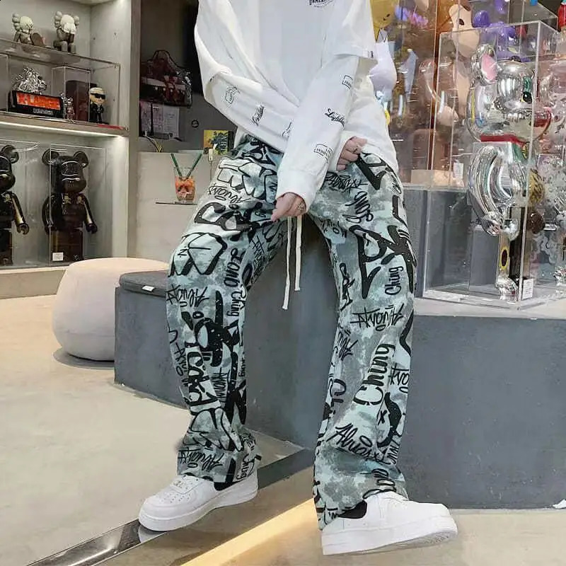 Mens Y2K Streetwear American style graffiti merchandise pants letter printed casual Retro Pantalon Hombre 240816