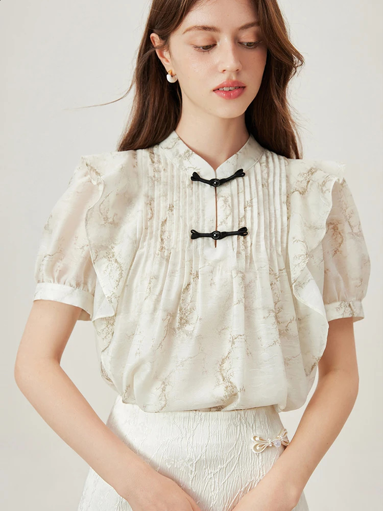 FSLE Stand collar Chinese style womens summer thin short sleeved shirt with fungal edge design chiffon 24FS12459 240814