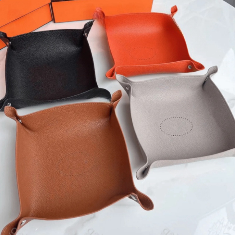 Square designer orange leather tray solid color foyer key storage miscellaneous items desktop candy box