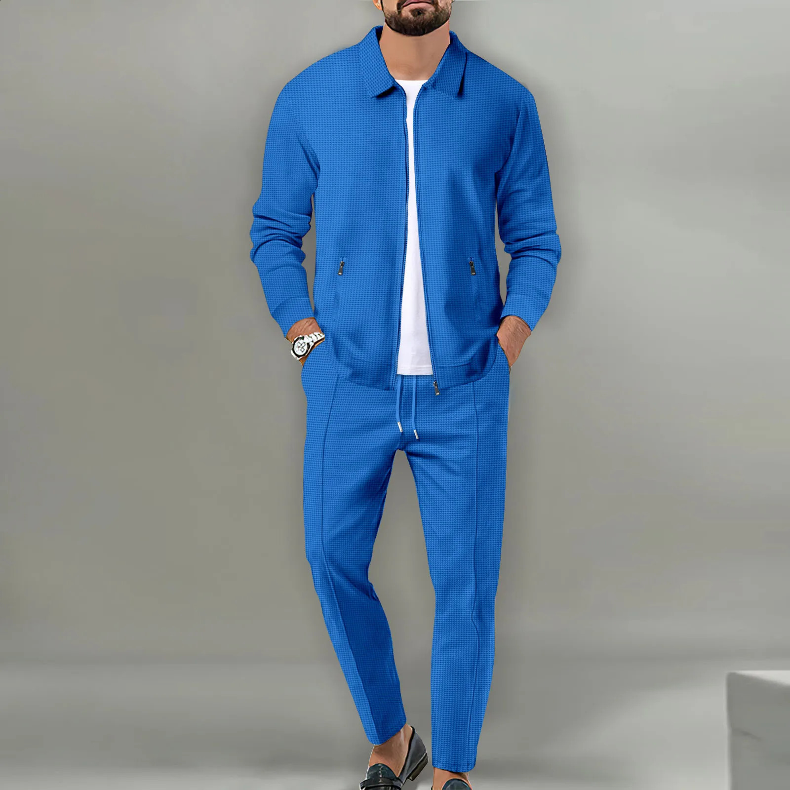 Spring/Summer Mens Two piece Breathable Waffle Grid Zipper Pocket Flip Collar Slim Fit Cardigan Coat and Pants Mens Set 240827