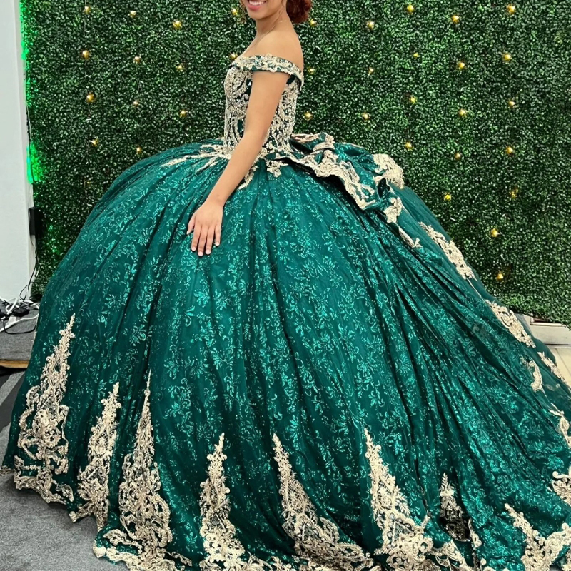 Emerald Green Princess Quinceanera Dress Gold Appliques Lace Bride Robe Corset Floor-length Vestidos 15 De Novia Sweet 16 Dress