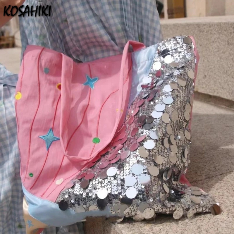 Fashion Chic Star Embroidery Canvas Bags Sequined Patchwork Personality Underarm Bag Harajuku Grunge Y2k Shoulder Handbags Women 240816