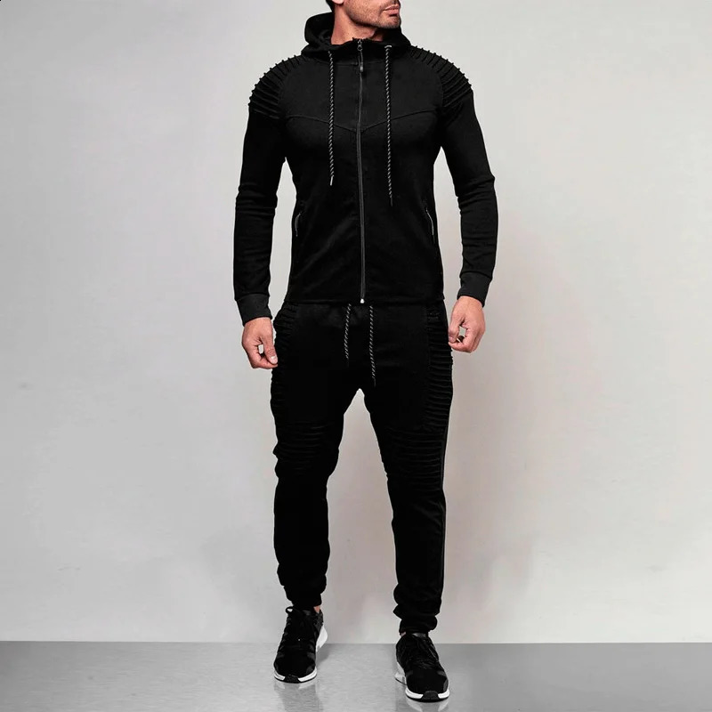 2-piece mens track suit autumn hooded sweatshirtdrawstring pants mens striped patchwork work hooded sweatshirt Bigsweet 240827