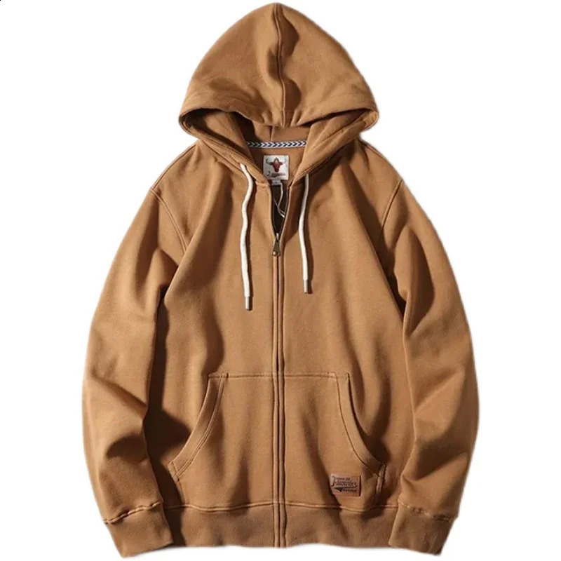 Autumn Winter American Retro Heavyweight Long Sleeved Hooded Hoodies Mens Simple Thickened Velvet Casual Cardigan Sweatshirts 240809