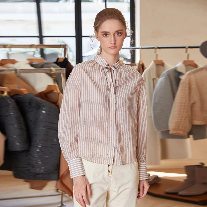 K1790W y womens highquality 70% cotton 30% silk long sleeved striped shirt 240814