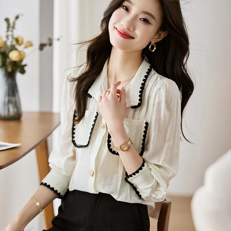 Women Clothing Fashion Turn-down Collar Long Sleeve Blouse Autumn Loose Office Lady Chiffon Shirts Casual Solid Button Tops 240816