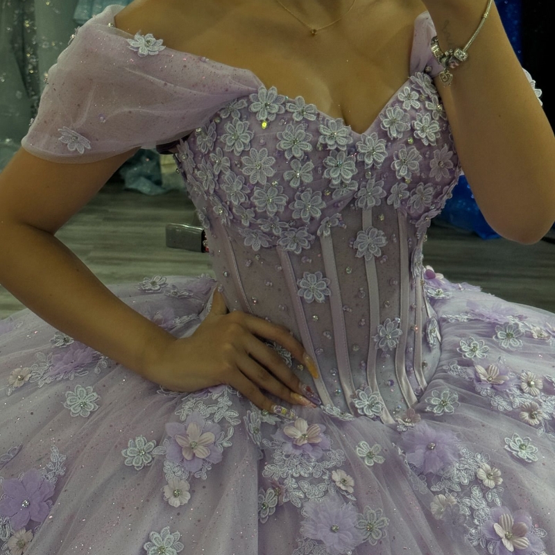 Sparkly Lavender Quinceanera Dress Ball Gown Off The Shoulder 3D Floral Applique Beaded Tull Corset Sweet 16 Vestidos De 15 Anos