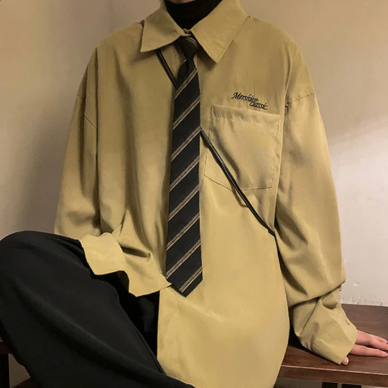 Gmiixdermens Japanese Preppy Blouse Loose Fitting Long Sleeved Button Lapel Blouse Versatile Tie Preppy Vintage Green Shirt Top 240816