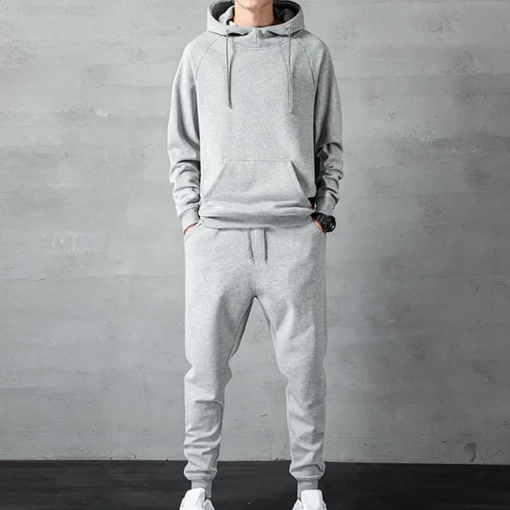 1 Set Men Hoodie Pants Solid Color Ribbed Cuff Jogger Suit Autumn Winter Loose Fit Sweatshirt Sweatpants Sportswear Set 240816