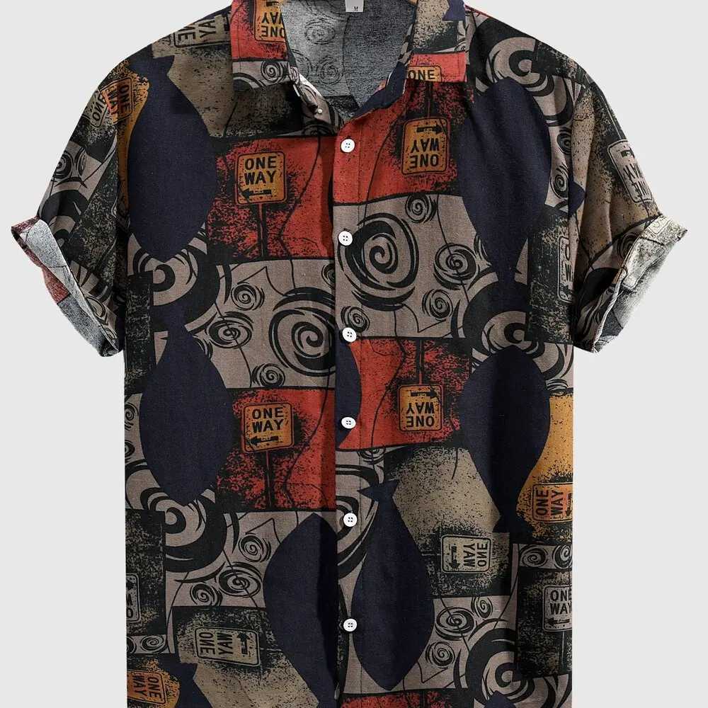 Mens loose cotton blend geometric pattern shirt casual breathable collared short sleeved shirt suitable for outdoor useW240726