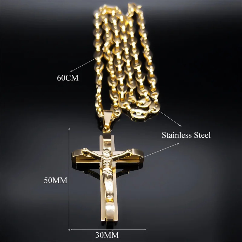 Jesus Cross Pendant Necklace Mens Stainless Steel Gold Christian Coffee Bean Chain Jewelry Crystal Necklace 240810