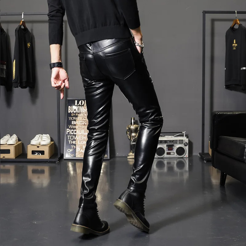 Idopy Mens Artificial Leather Pants Punk Style Tight Party Stage Performance Stud Nightclub Steampunk PU Trouser with Rivet 240816
