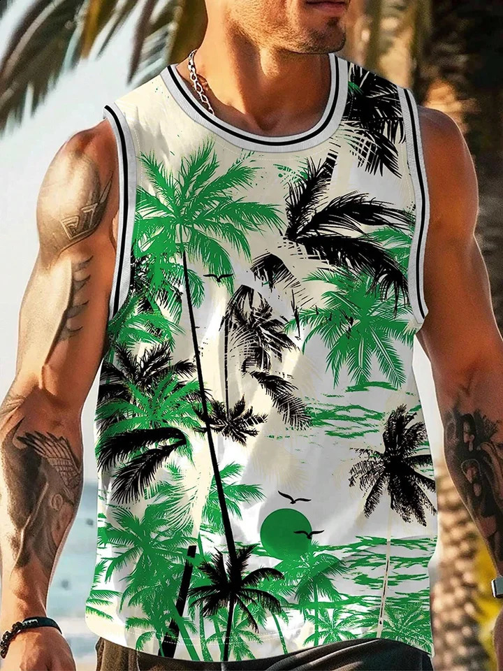 Hawaiian style palm tree vest mens summer casual sleeveless T-shirt mens holiday beach party casual top 240816