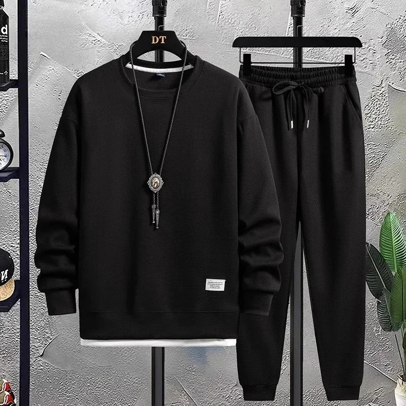 Spring Autumn Mens Set Solid Color Waffle Fabric Sports Set Long Sleeve Sweatshirt and Pants Casual 2PC Male Outfit Set 240821