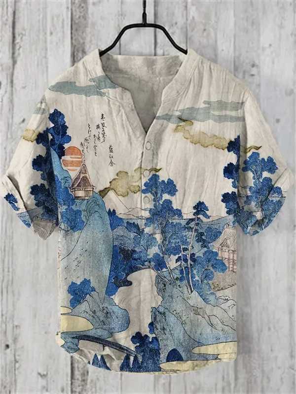 Spring and summer new bee print V-neck short sleeved shirt casual loose fitting long socks linen topW240726