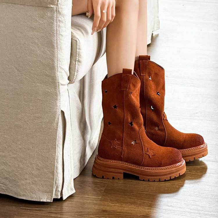 Women's hollow brown fashionable casual comfortable denim boots