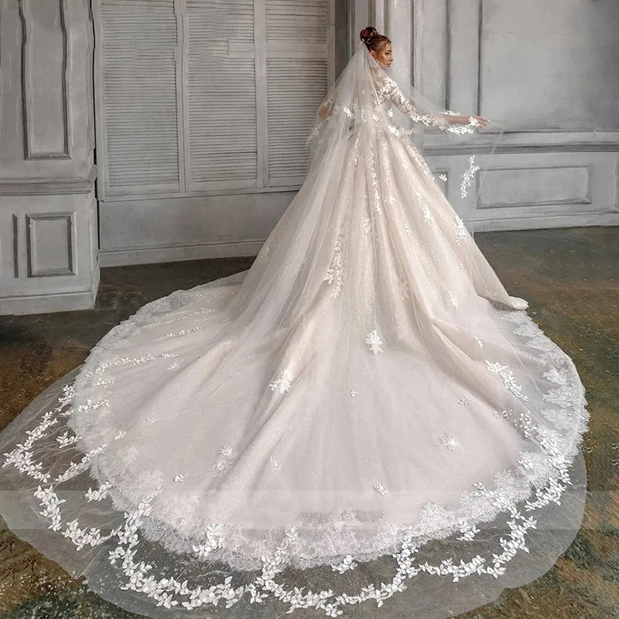 Exquisite ral Wedding Dresses Appliques Lace Long Sleeves Bridal Ball Gowns Vestidos De Noite Custom Made For Women
