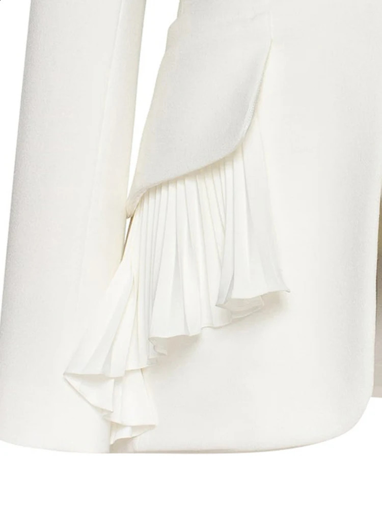 Womens white irregular pleated elegant jacket with ruffles lapel long sleeved fashionable and trendy spring autumn 1DH4840 240814