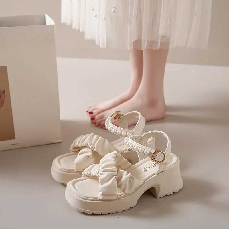 2024 Summer New Open Toe Pearl Button Strap Thick Sole Waterproof Platform Sandals for Women Thick Sole Shoes for Womens CI240806