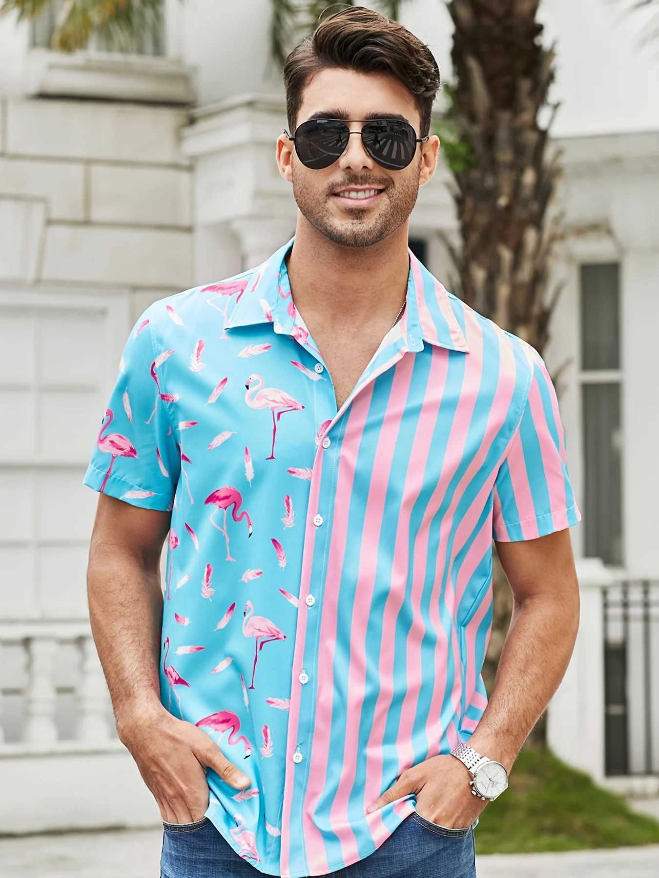 Mens plus size flamingo pattern Hawaiian shirt summer short sleeved T-shirt top Harajuku casual shirt short sleeved streetwearW240726