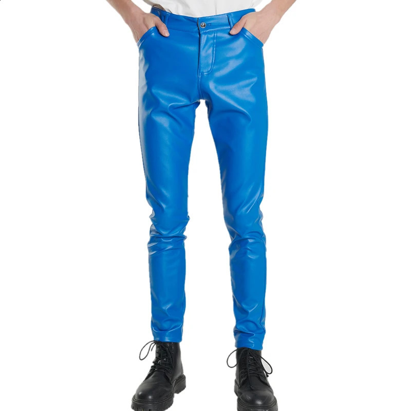 Mens Leather Pants Fashion Slim PU Trousers Red Blue Black Gray White Pantalones Hombre 240816