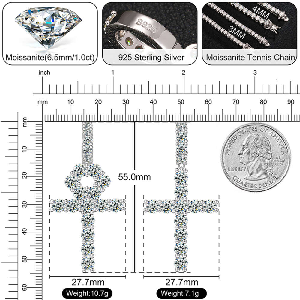 Pass Tester Sterling Sier VVS Moissanite Diamond Ankh Cross Pendant 4mm Tennis Chain Necklace Jewelry Set