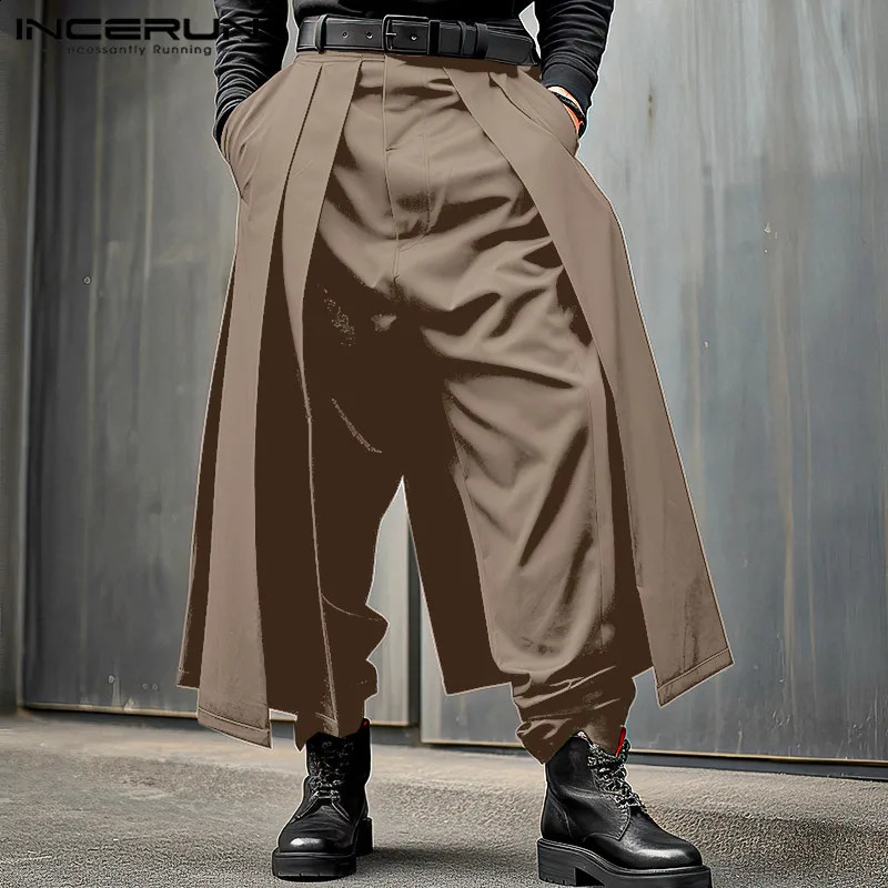 INCERUN Mens Irregular Pants Solid Color Jogger Loose Button Fold Casual Wide Leg Street Clothing Fashion w240816