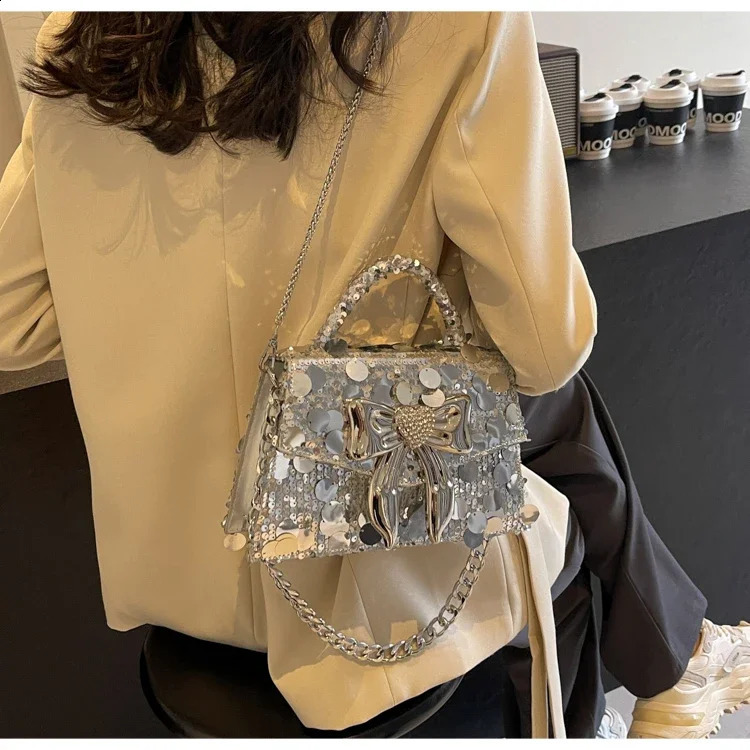 Glitter Shiny Sequins Square Bag Womens Handbag Metal Bow Knot Evening Bag Wedding Party Clutch Purse Crossbody Bag 240816