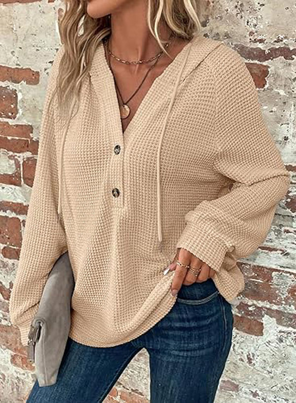 Dokotoo Hoodies for Women Waffle Knit Drawstring Button V Neck Long Sleeve Casual Pullover Sweatshirt Hooded Tops