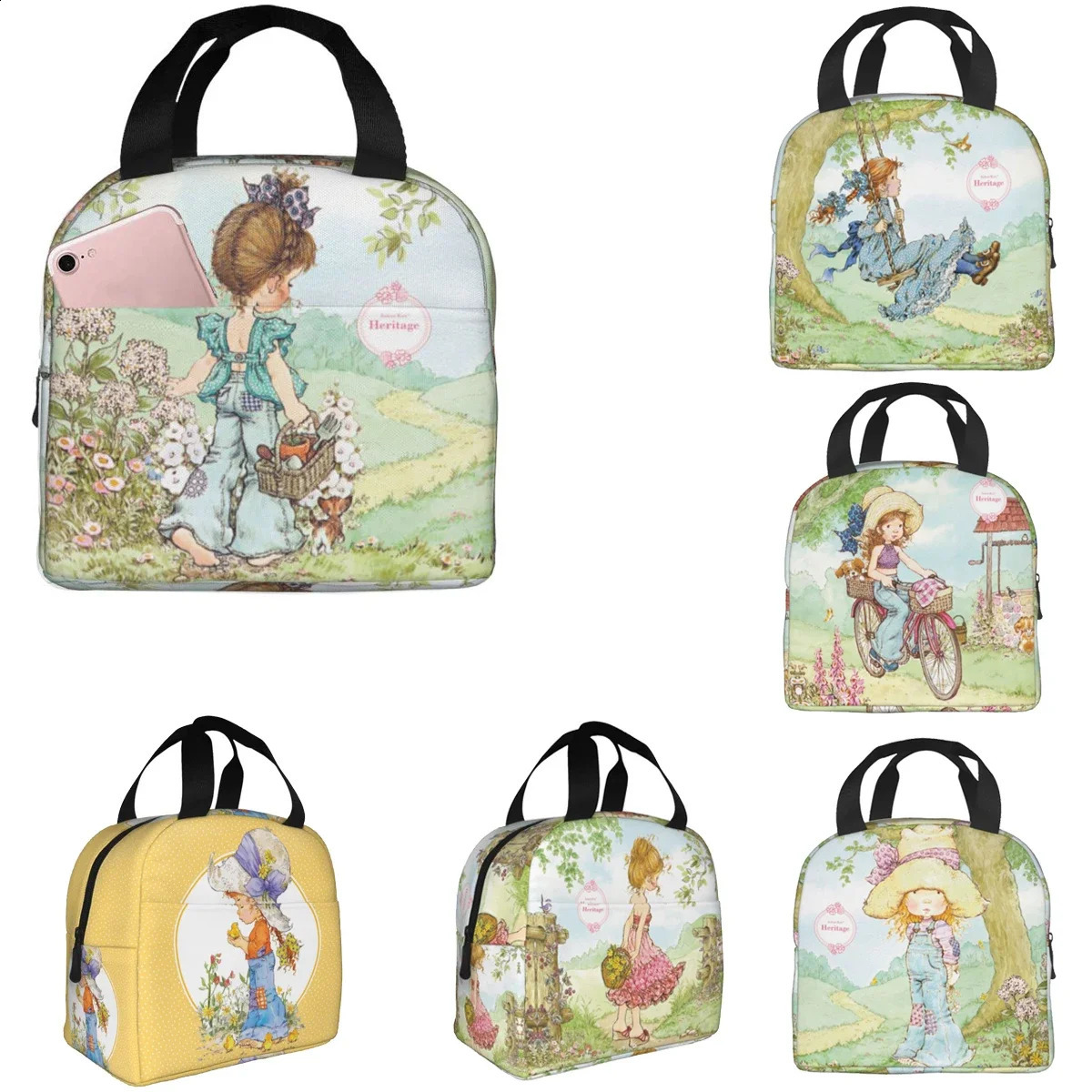 Cute Sarah Kay Girl Bike Ride Lunch Boxes Accessories Cartoon Village Life Thermal Cold Food Picnic Travel Lunch Bag Insulated 240816